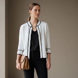 Talbots size P preppy white/navy knit cardigan sweater quiet luxury